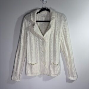 Kenar Angora Blend Cable Knit Cardigan Sweater Ivory Shawl Collar Pockets L